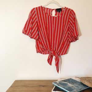 Striped Red Blouse Front Tie with Butterfly Sleeve